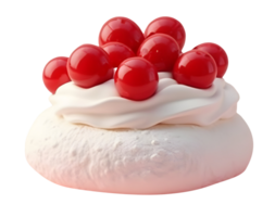 Sweet dessert with red cherry topping and creamy white frosting on meringue base png
