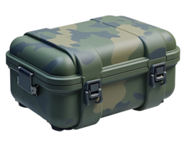 Camouflage storage box with secure latches and handle, designed for durable outdoor use png