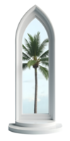 Tropical palm tree seen through tall arched window with white frame and steps png