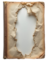 Torn book pages with burnt edges and large hole in center showing blank background png