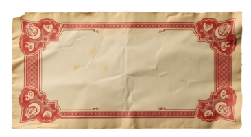Vintage paper frame with red decorative border and aged texture, showing creases and stains png