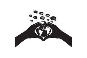 Silhouette of Hands Holding Earth in Heart Shape - Global Connection with Heart Hands Silhouette vector