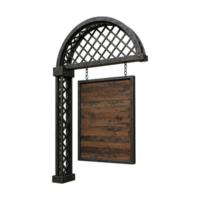 Rustic hanging wooden sign with metal frame and lattice arch, ideal for storefront or pub decor isolated background png