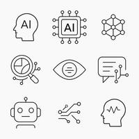 Minimalist outline artificial intelligence icon set representing, robotics, facial recognition, machine learning and automation vector