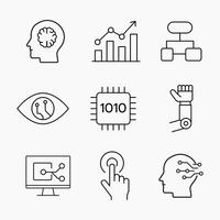 Clean outline icons of artificial intelligence, robotics, automation and digital interfaces, ideal for tech, UI and innovation themed designs vector