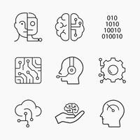 Minimalist artificial intelligence icon set showing robotics, machine learning, facial recognition and automation vector