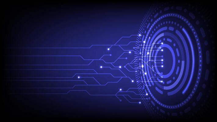 Futuristic technology background featuring glowing blue circuit lines and a circular digital interface, Perfect for themes like innovation, AI or cybersecurity