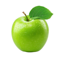 Green apple with water droplets and fresh leaf on transparency background, fresh and juicy fruit with natural texture and vibrant color png