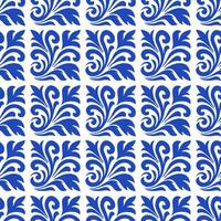 Seamless floral pattern in folk art style featuring traditional blue and white design with leaf motifs and symmetrical reflections vector