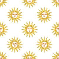 Seamless pattern featuring sun motifs with detailed faces in golden hues on a white background for a bright and cheerful design vector