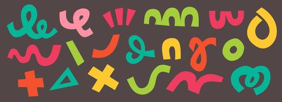 Organic abstract shapes, playful naive doodle style in multi colored. Squiggles, circles, asterisk, infinity sign, dots and wavy bold lines. Flat illustration with colorful geometric elements. vector