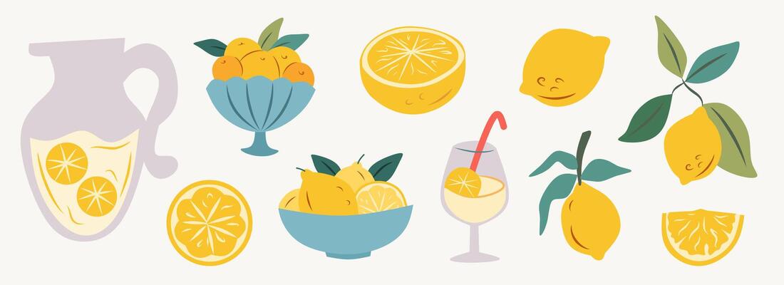 Hand drawn elegant style citrus fruits set. Flat cute cartoon doodle sketch illustration of lemons, frame, wreath, cocktail glass and lemon tree for background, card, wall decor or poster, packaging