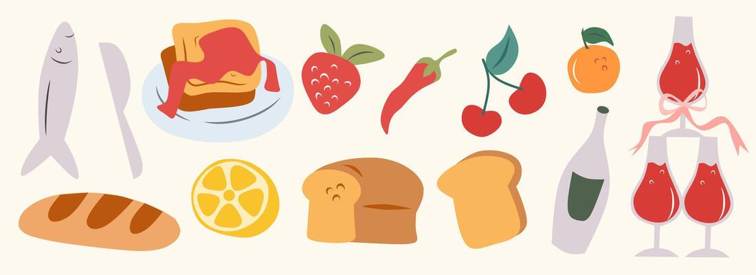 Summer italian food set. Hand drawn colorful mediterranean dinner with fish, bread, bakery, orange, lemon, wine. Dolce vita aesthetics whimsical doodles icon. Perfect for print, design menu, sticker.