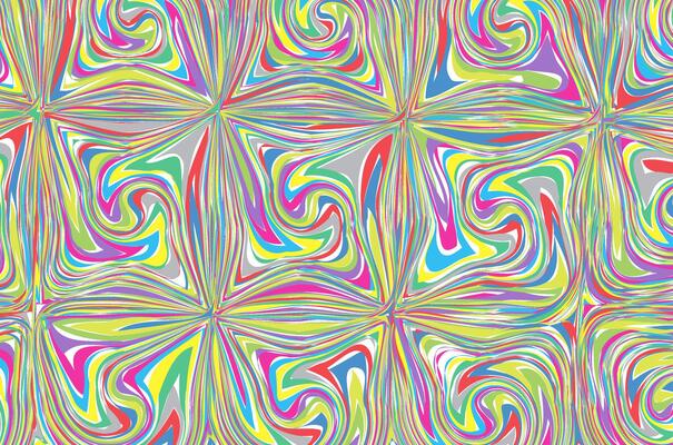 Brightly colored abstract symmetrical patterns with fan-like swirling shapes create a lively and energetic visual effect