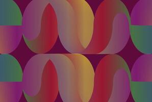 Colorful curved geometric patterns with gradations of red, yellow, purple and green on a dark purple background, forming a symmetrical and rhythmic composition vector