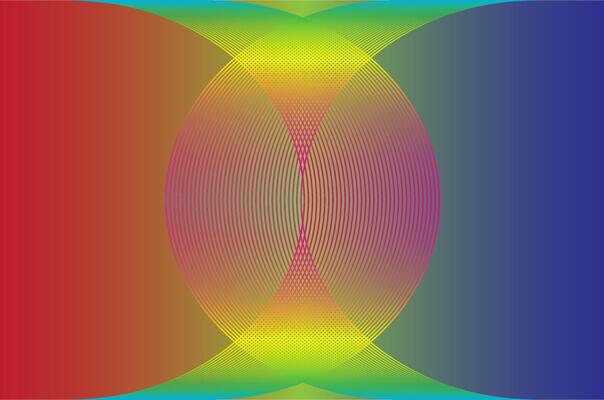 A colorful abstract image with red to blue gradients and a symmetrical curved pattern in the center, creating a mesmerizing, luminous lens-like optical effect