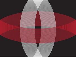 White and red curved lines form a symmetrical pattern resembling an eye or abstract flower on a black background, creating a dynamic and bold impression vector