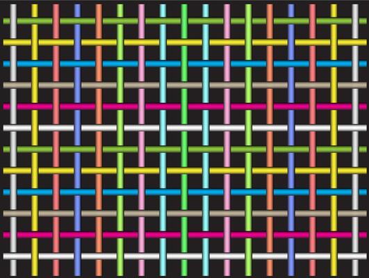 A colorful woven pattern composed of horizontal and vertical lines forming a symmetrical grid on a black background