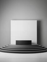 Elegant black circular podium with steps against a white backdrop ideal for product display or presentations photo