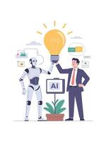 Ai collaboration robot and businessman sharing a bright idea vector