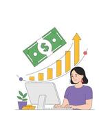 Woman working on computer with growing financial graph vector