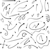 set icons of abstract curved thin arrows. Hand drawn rounded and curved grunge pointers. Isolated ink, fine lines, elements for design. vector