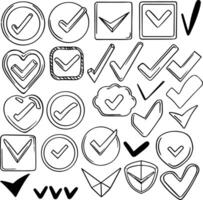 set icons of abstract check mark. Hand drawn rounded and curved grunge pointers. Isolated ink, fine drawn lines, elements for design. vector