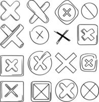 set icons of abstract cross mark. Hand drawn rounded and curved grunge pointers. Isolated ink, fine drawn lines, elements for design. vector