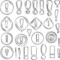 set icons of abstract exclamation mark. Hand drawn rounded and curved grunge pointers. Isolated ink, fine drawn lines, elements for design. vector