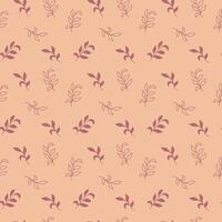 A seamless floral pattern featuring various delicate leaves in muted tones, set against a soft peach background. Ideal for use in textiles or digital designs, showcasing elegance. vector