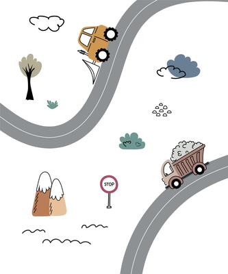 Children's poster, banner with Construction vehicles navigate winding roads with trees and stop signs in flat style on a white background. illustration