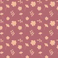 Seamless vintage pattern featuring beige flowers and botanical leaves on a muted mauve background with hand-drawn floral elements in a soft, natural style vector