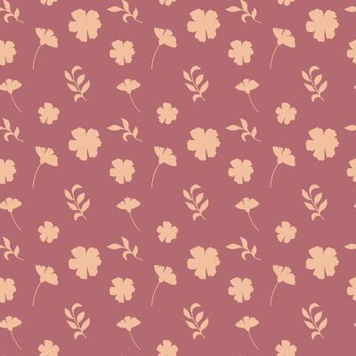 Seamless vintage pattern featuring beige flowers and botanical leaves on a muted mauve background with hand-drawn floral elements in a soft, natural style