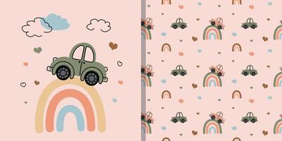 Set of a cute green car on a pastel rainbow and a seamless repeating pattern with cars, rainbows, and hearts on a soft pink background vector
