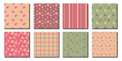 Soft Pastel Seamless Patterns with Flowers, Leaves, and Plaid. Collection of seamless patterns featuring retro floral prints, leaf motifs, plaid grids, and striped backgrounds in soft pastel tones vector