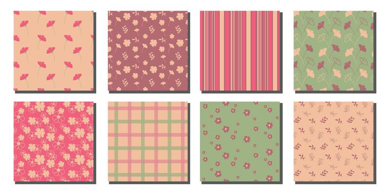 Soft Pastel Seamless Patterns with Flowers, Leaves, and Plaid. Collection of seamless patterns featuring retro floral prints, leaf motifs, plaid grids, and striped backgrounds in soft pastel tones