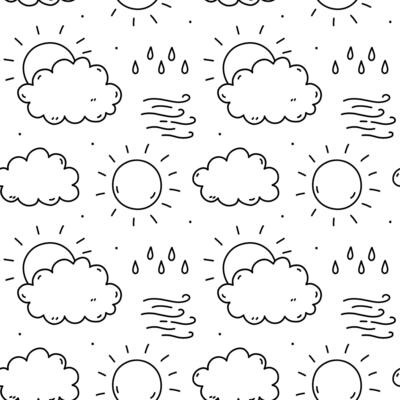 Cute seamless pattern with weather elements - sun, clouds, rain, wind. hand-drawn doodle illustration. Perfect for print, wallpaper, decorations.
