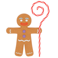 3d render gingerbread man with candy cane with transparent background png