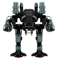 Render futuristic battle robot with weapons with transparent background png