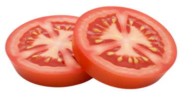 Close-up of two tomato slices showcasing their texture and vibrant red color, isolated on a transparent background for versatile use png