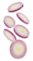 Floating red onion slices creating dynamic composition on transparent backdrop png