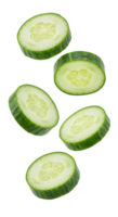 Floating fresh cucumber slices against transparent backdrop providing a refreshing and vibrant visual png