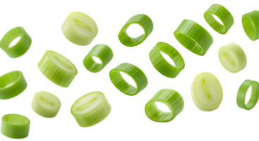 Fresh green onion slices dynamically arranged on a transparent backdrop png