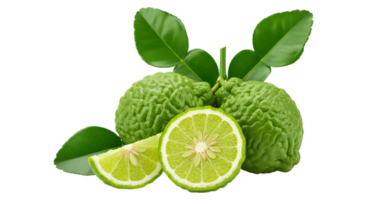 Fresh kaffir lime with sliced pieces, aromatic citrus fruit on transparent background png