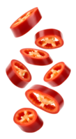 Vibrant red chili pepper slices dynamically arranged on a transparent backdrop png