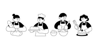 Four black and white illustrations of people in aprons vector