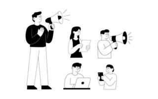 People with megaphone and laptop in different poses vector
