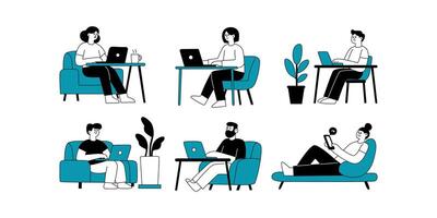 People working on laptops in different positions vector