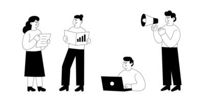A clean, black and white of four cartoon characters engaged in various work and creative activities vector