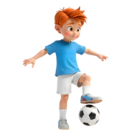 3D rendering of a cheerful young boy with red hair confidently balancing a soccer ball with his foot png